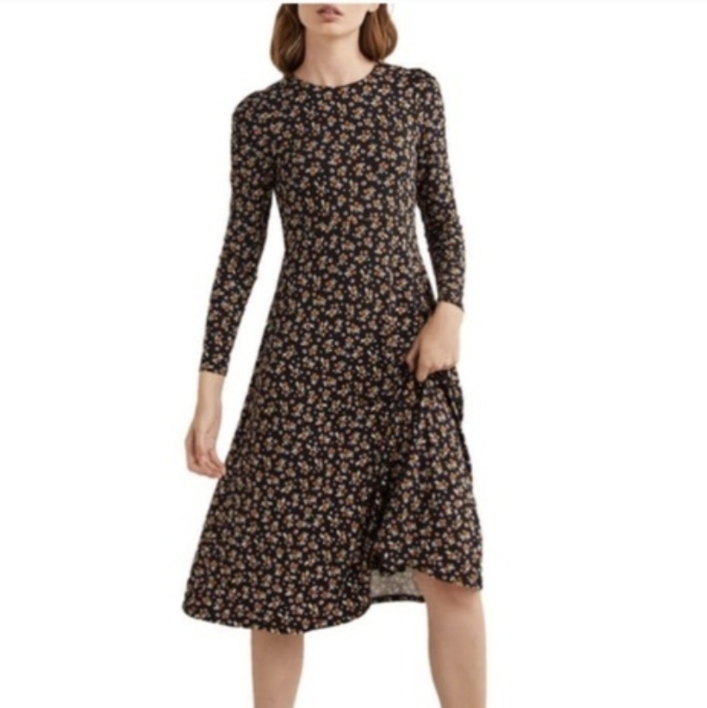 Boden Crew Neck Jersey Midi Dress with a black dotty sprig pattern